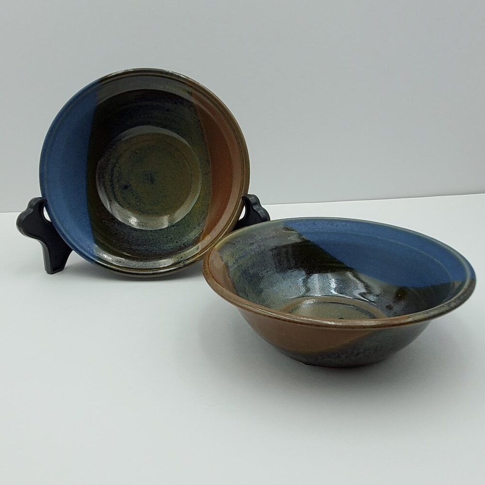 Pottery Soup Cereal Serving Bowls Tan Brown Blue Pottery Bowls